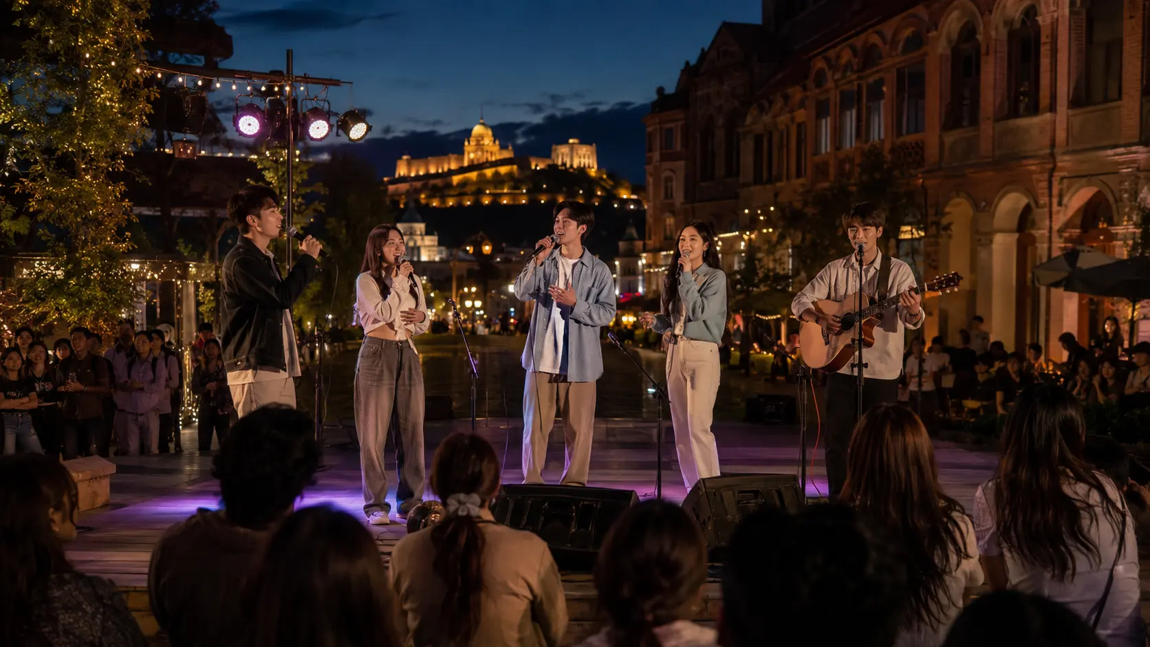 多位聯盟歌手在城市戶外舞台共同演出，觀眾在近距離欣賞